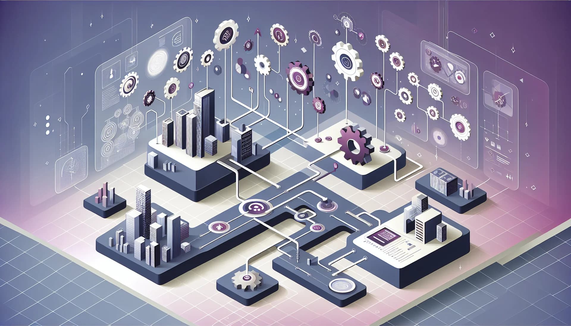 Ilustração de automação de processos empresariais com fluxos de trabalho conectados, engrenagens digitais e dashboards em tons de roxo corporativo