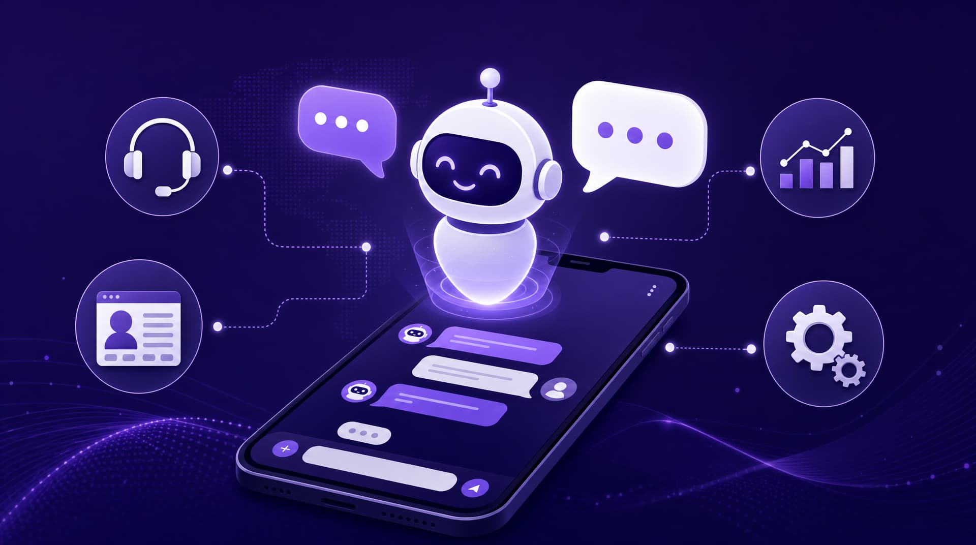Ilustração de um chatbot com inteligência artificial atendendo clientes via mensagens em um smartphone