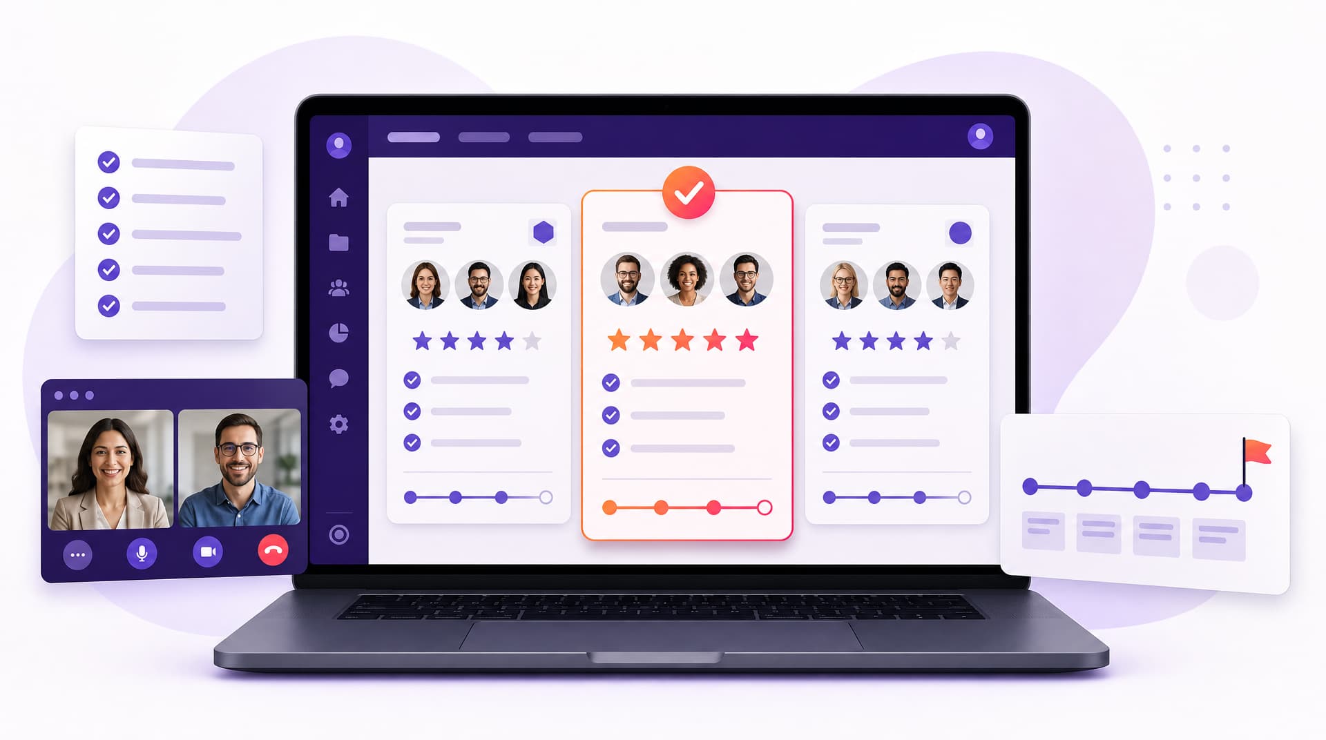 Notebook com uma tela de avaliação de três propostas de consultoria de TI, cada uma com avatares da equipe, estrelas e checklist, a do meio escolhida em destaque, cercado por checklist, videochamada com dois consultores e cronograma do projeto, em fundo claro