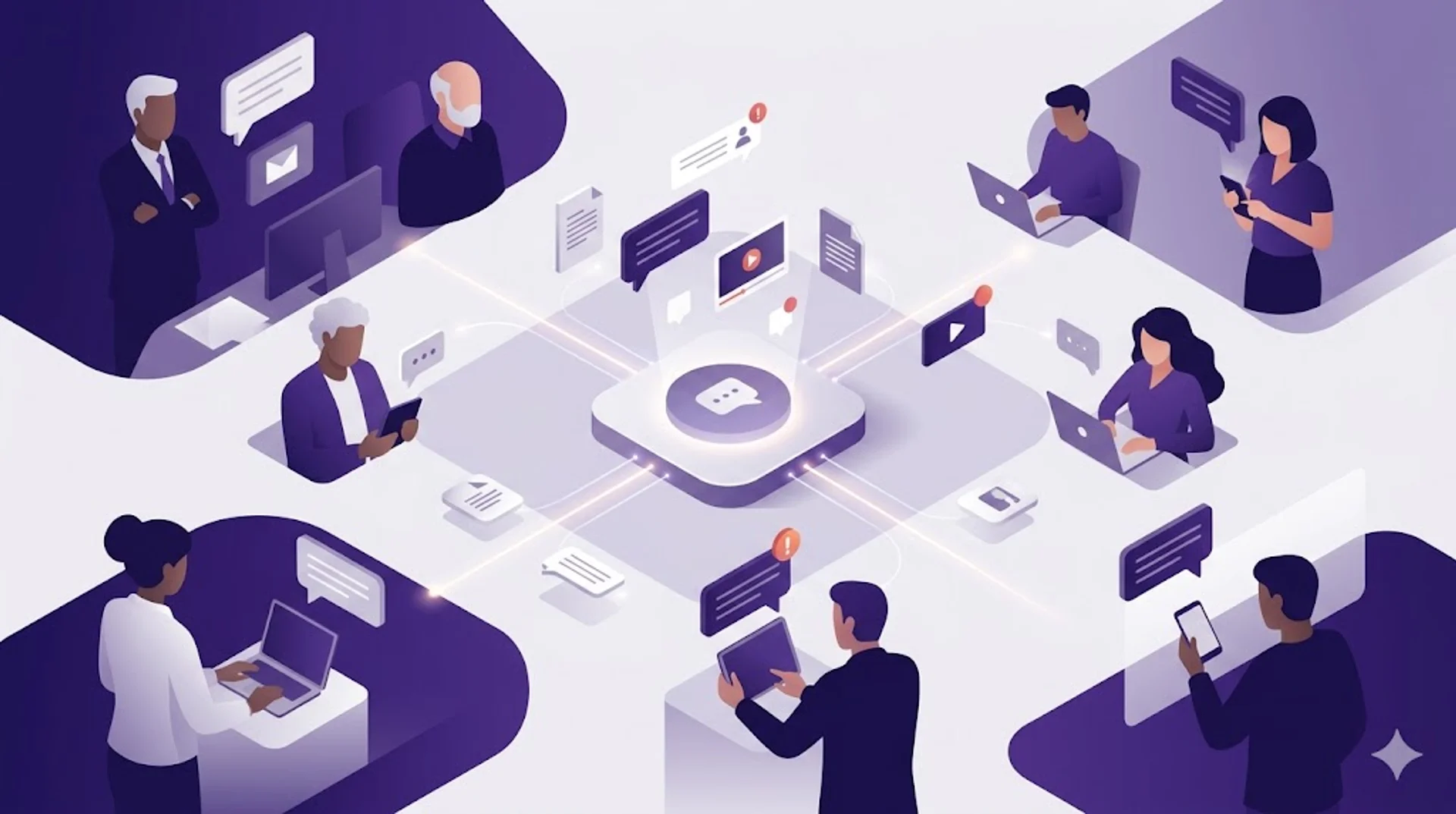Ilustração corporativa de comunicação interna em empresas, com colaboradores conectados por uma plataforma digital central