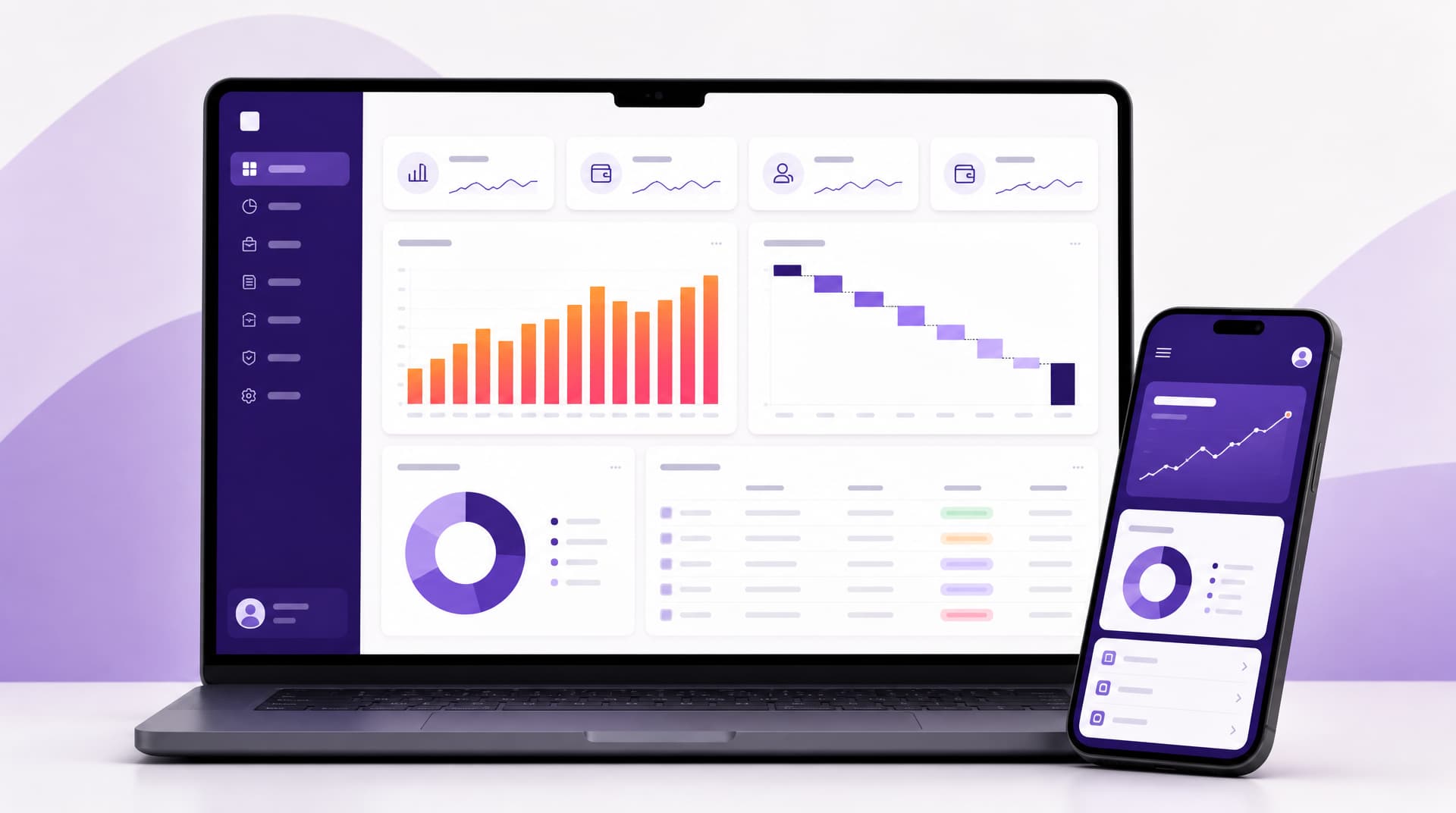 Notebook e celular exibindo um dashboard financeiro em Power BI, com cartões de indicador, gráfico de barras de receita em laranja, cascata de resultado, rosca de composição e tabela de recebíveis com status coloridos, sobre fundo off-white com formas roxas.