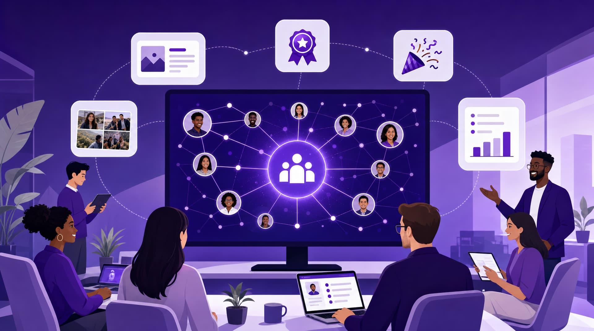Equipe de colaboradores conectada a um hub digital de intranet, representando engajamento e cultura organizacional