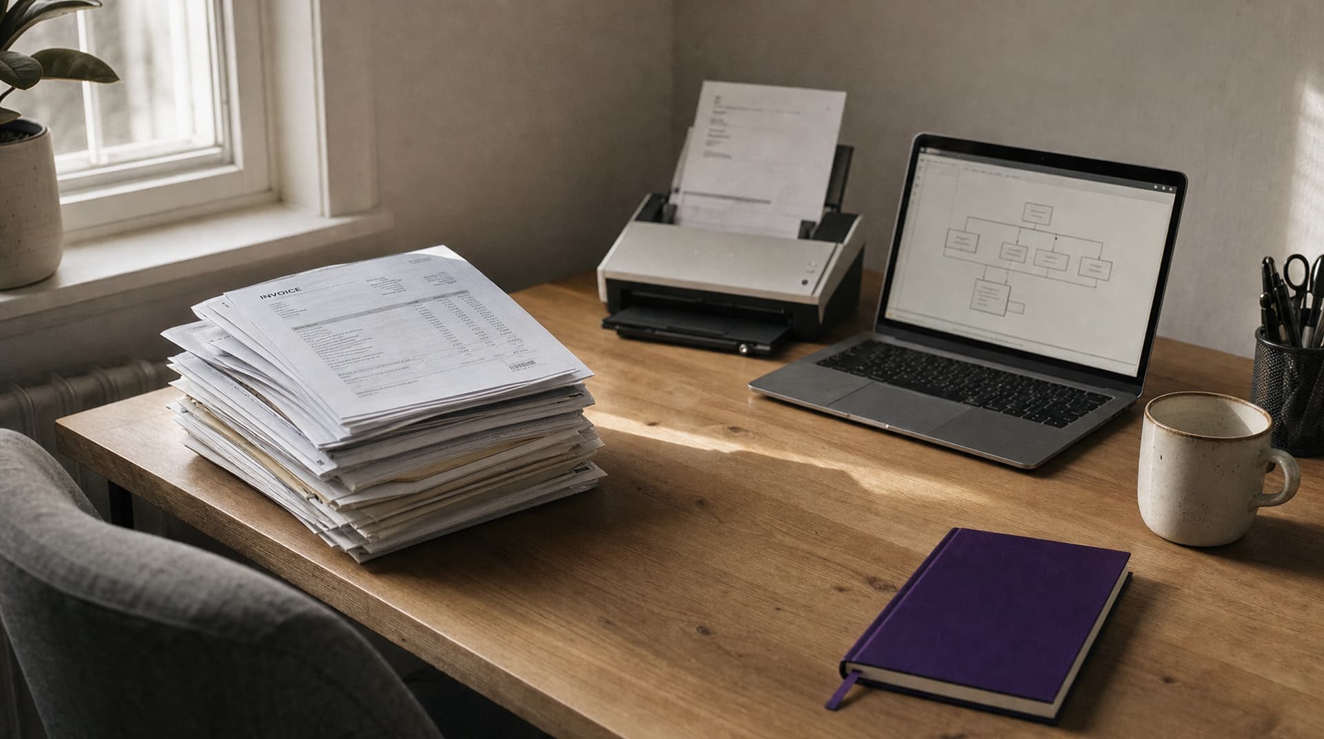 Mesa de escritório com pilha de faturas impressas, scanner de documentos e notebook exibindo um fluxograma de processo automatizado, com caderno roxo como detalhe