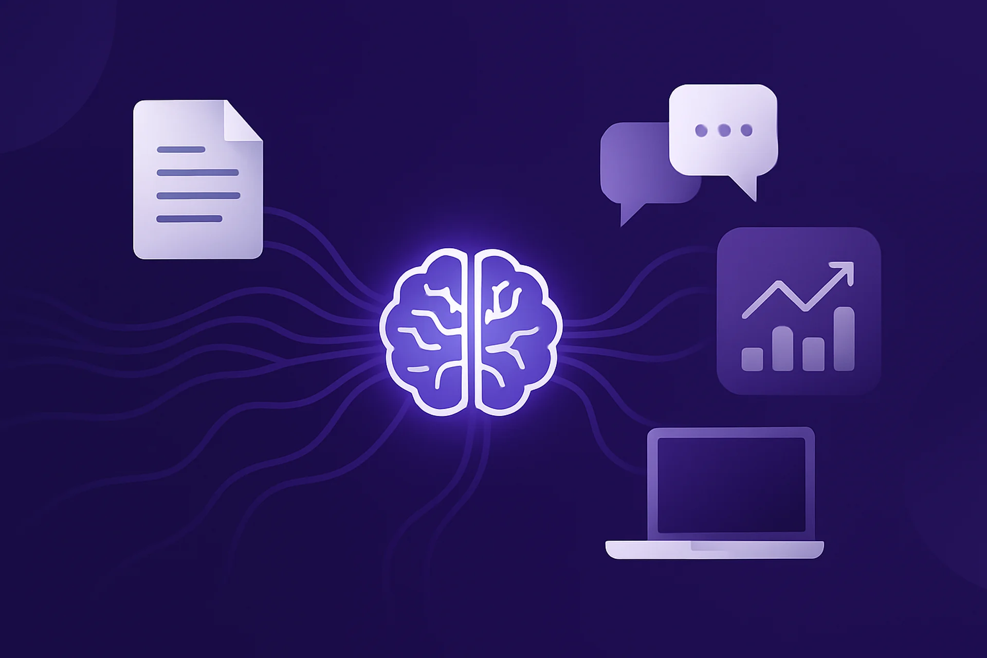 Ilustração corporativa de IA generativa conectando redes neurais a elementos de negócio como documentos, gráficos e chatbots em tons roxos