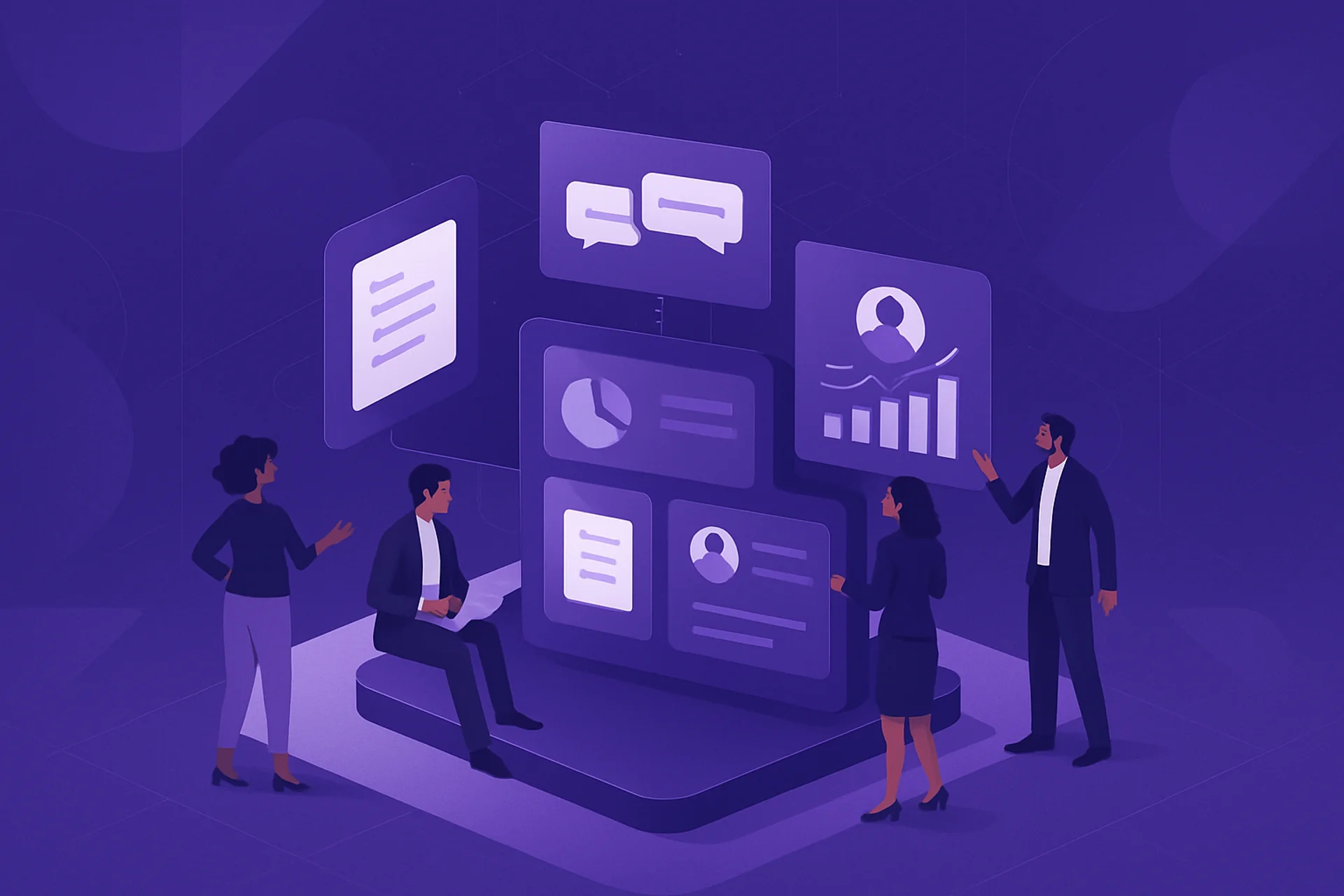 Ilustração corporativa de uma intranet moderna com SharePoint conectando equipes, documentos e fluxos de trabalho