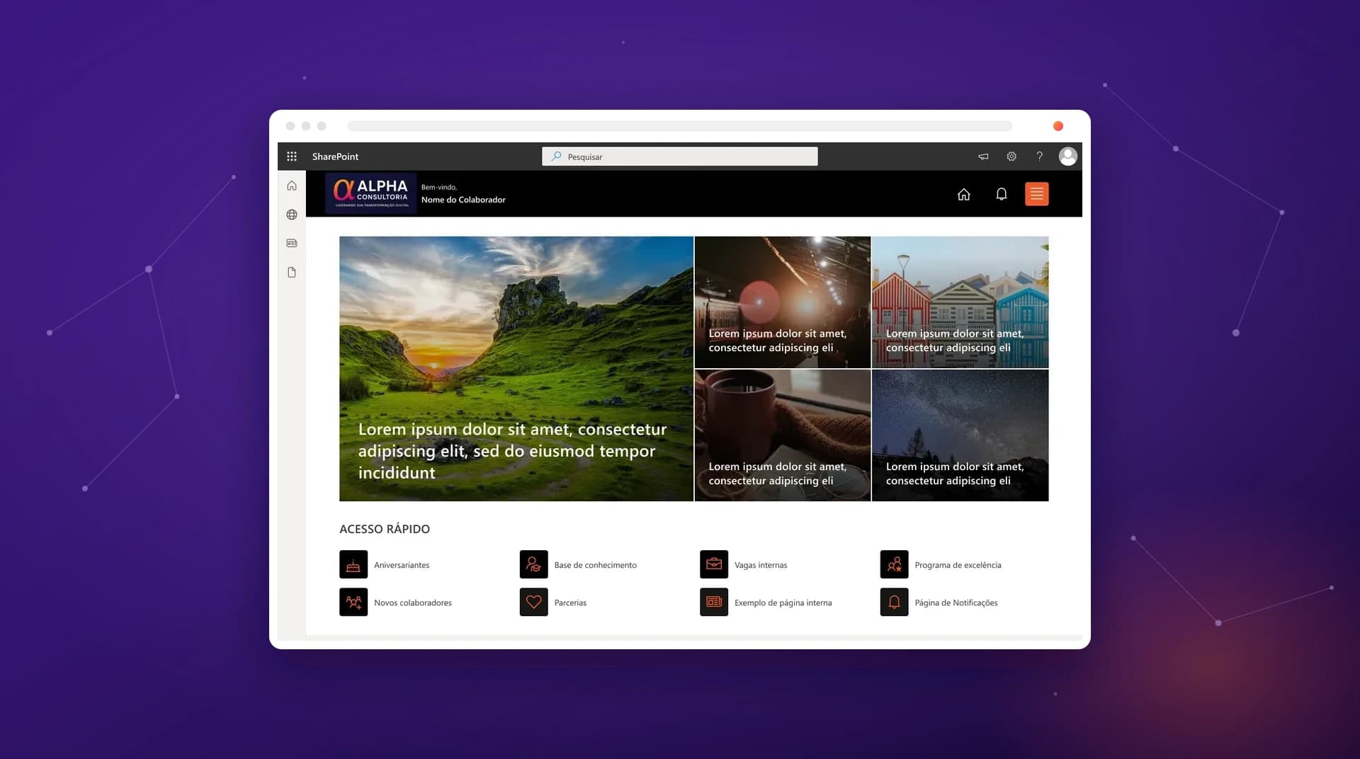 Janela de navegador exibindo uma intranet SharePoint desenvolvida pela Alpha Consultoria: cabeçalho com a marca, mosaico de notícias e seção de acesso rápido com atalhos, sobre fundo em degradê roxo.