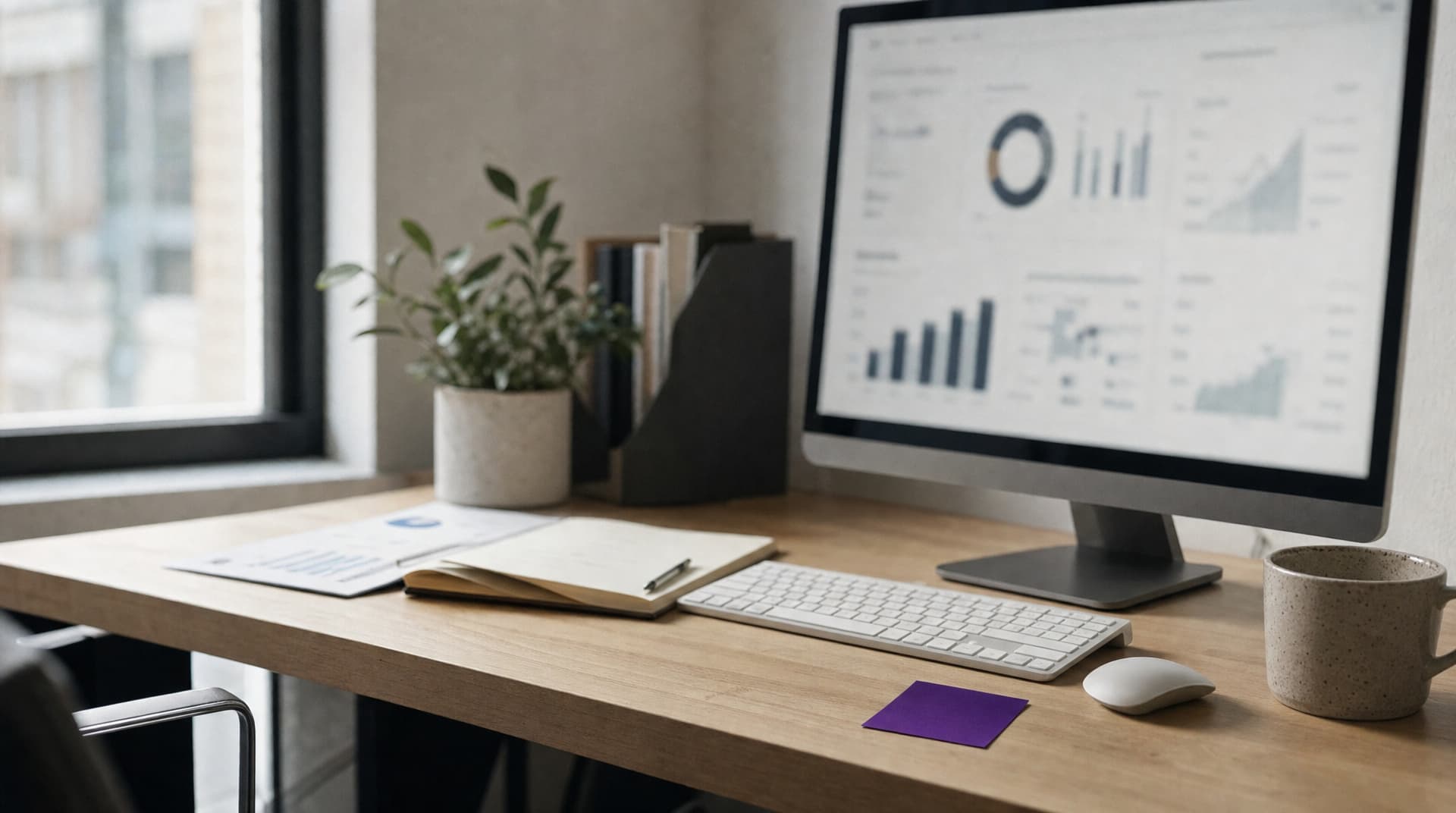 Mesa de escritório com monitor exibindo um dashboard de gestão com gráficos e indicadores de desempenho