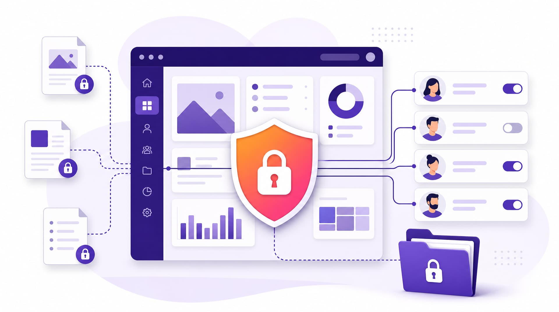 Portal de intranet corporativa com um escudo e cadeado ao centro, documentos com selo de cadeado à esquerda e lista de colaboradores com níveis de acesso à direita, sobre fundo off-white com formas roxas.