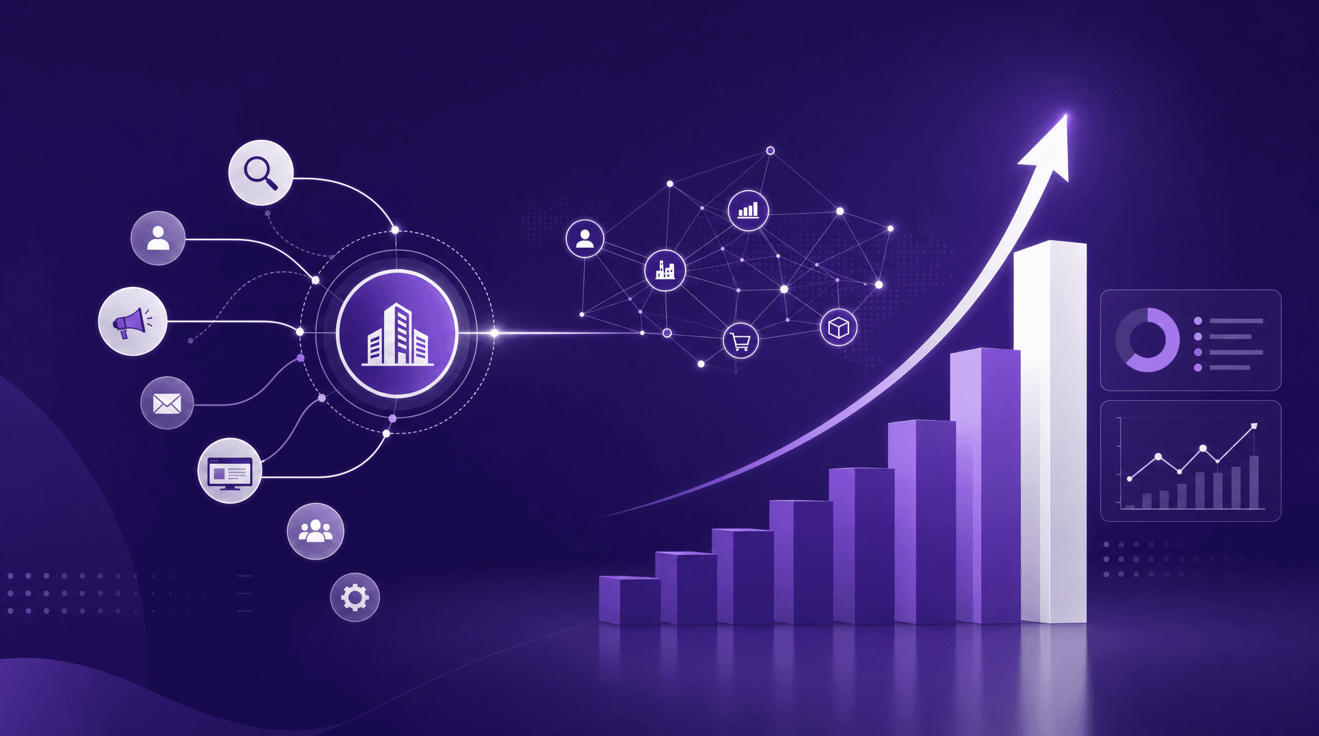 Ilustração corporativa moderna representando estratégias de marketing digital B2B com gráficos, canais digitais e crescimento