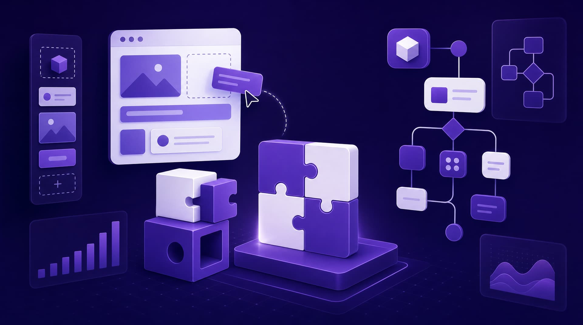 Ilustração de blocos modulares e peças de quebra-cabeça representando desenvolvimento de sistemas no-code e low-code