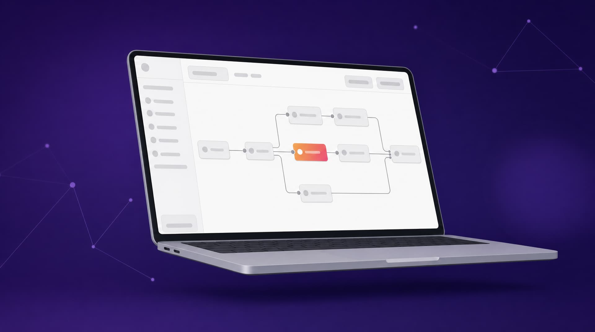 Notebook em ângulo exibindo um construtor de fluxos de automação: blocos conectados por linhas que se ramificam e se reencontram, com uma etapa destacada em laranja, sobre fundo em degradê roxo da Alpha Consultoria.