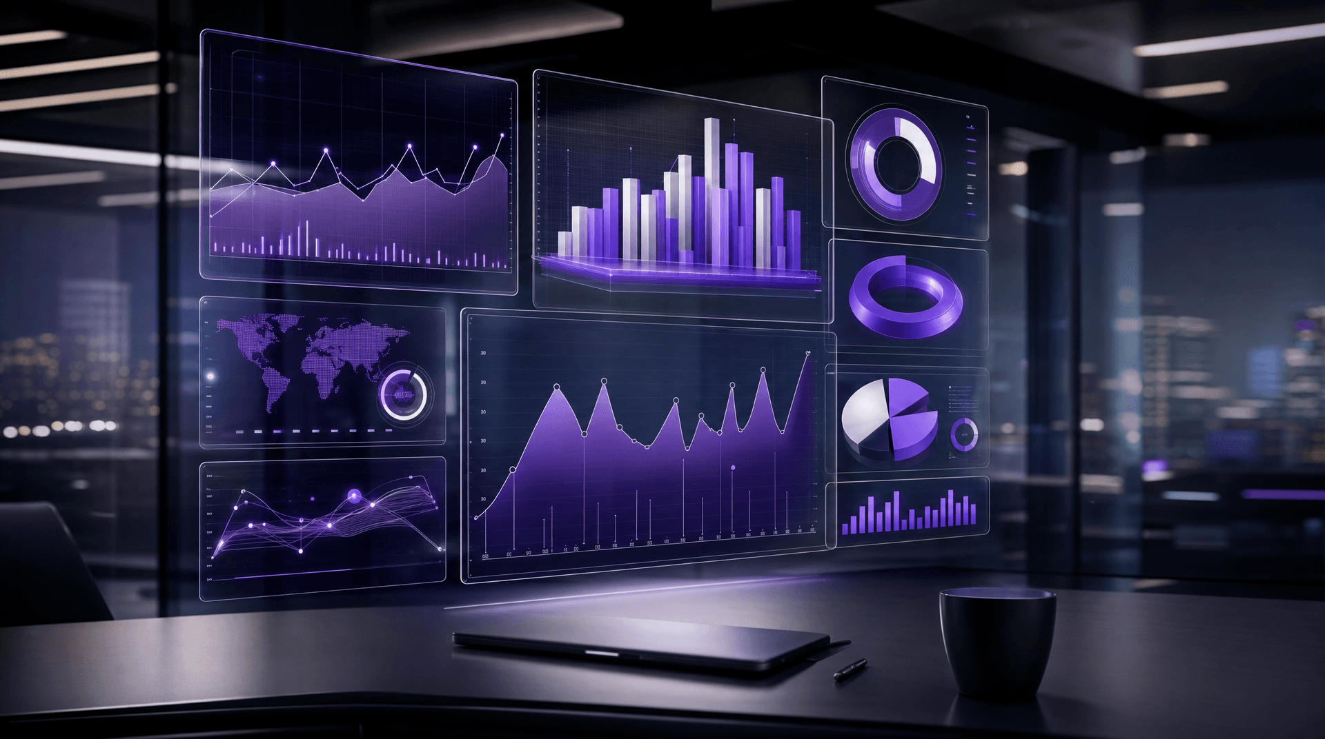 Dashboards de Business Intelligence do Power BI exibindo gráficos, KPIs e indicadores corporativos em ambiente moderno com tons roxos