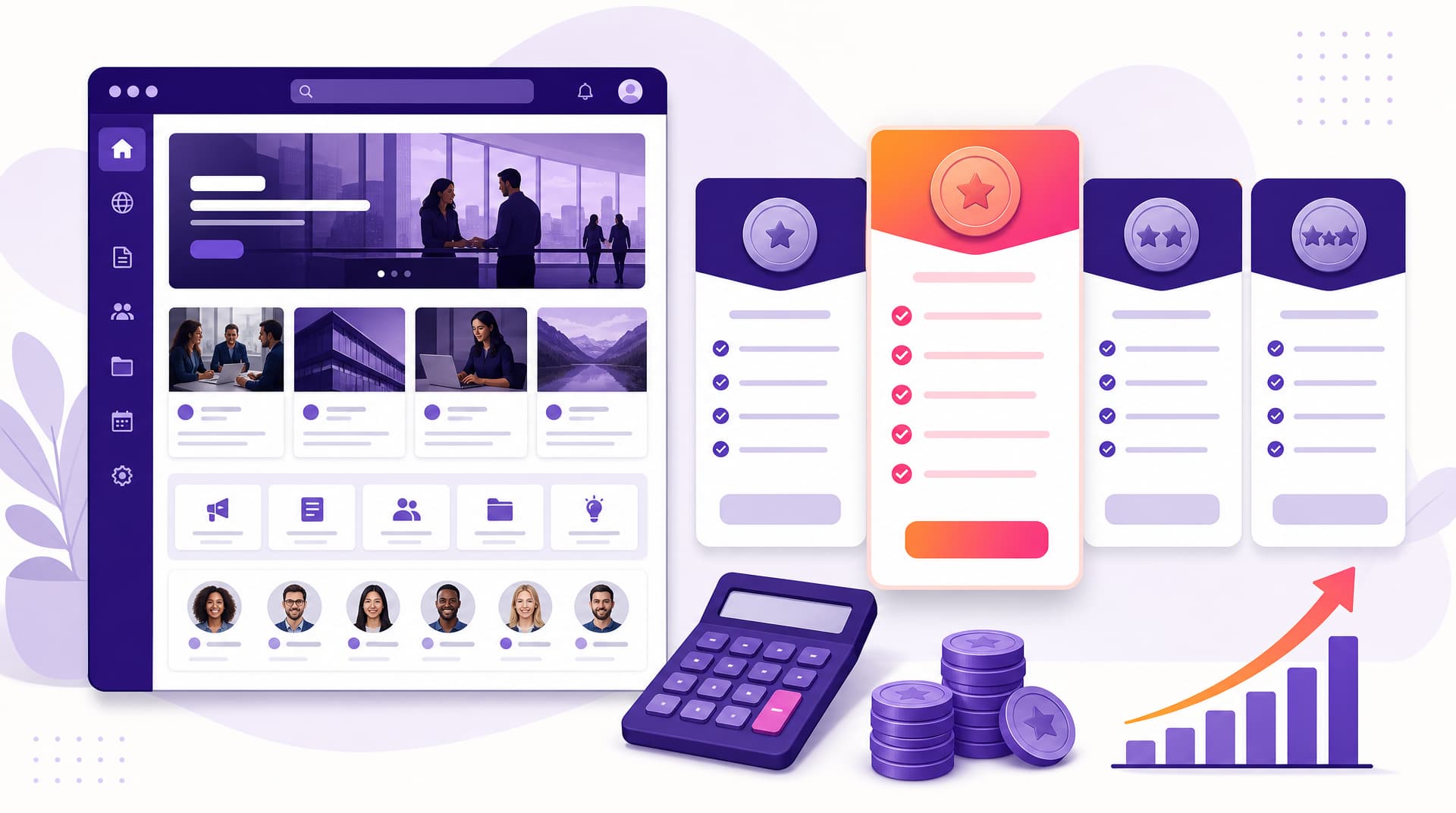 Janela de navegador com a página inicial de uma intranet SharePoint, com banner, notícias, atalhos e colaboradores, ao lado de quatro cartões de planos com o segundo em destaque, calculadora, moedas e gráfico de retorno em fundo claro