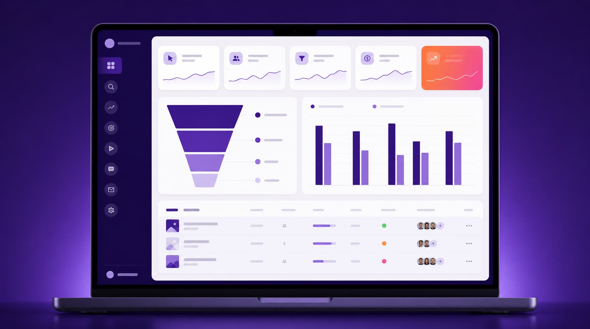Notebook exibindo um painel de ROI de marketing: cartões de indicador com minigráficos, funil de conversão de cliques até negócios fechados, barras comparando investimento e receita por canal e lista de campanhas com status.