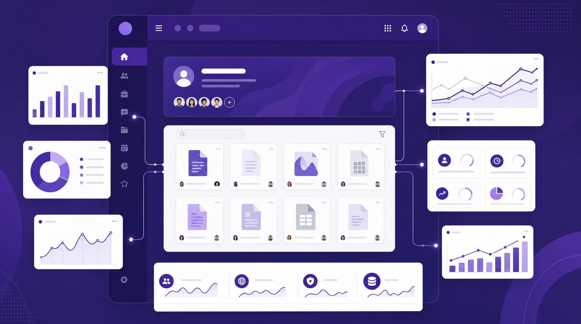 Dashboards Power BI interativos integrados a uma intranet SharePoint, com gráficos e indicadores em tons de roxo