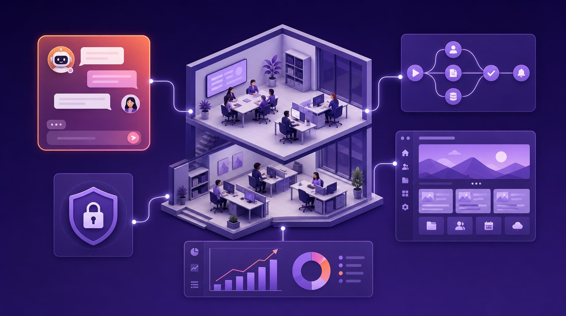 Escritório corporativo isométrico em dois andares com equipes trabalhando, ligado a painéis de agente de IA com conversa, fluxo de automação, portal de intranet, escudo de segurança e dashboard com gráficos, sobre fundo roxo escuro